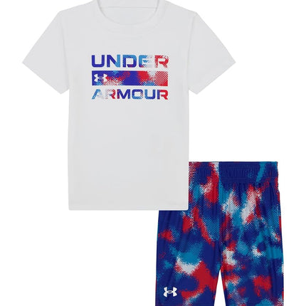 Conjunto corto Under Armour para niños, pantalones o shorts cohesivos para exteriores y top, estampado de camuflaje Freedom blanco, 2 años