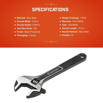 Crescent ATWJ212VS Adjustable Wrench/Spanner with Expanded Jaw Capacity (12''/304 mm), Multi