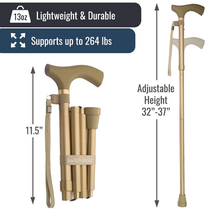 Switch Sticks Aluminum Adjustable Folding Cane and Walking Stick collapses and adjusts from 32 to 37 inches, Gold