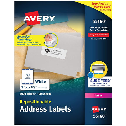 Avery Repositionable Address Labels for Inkjet Printers 1 x 2-5/8, Box of 3,000 (55160)