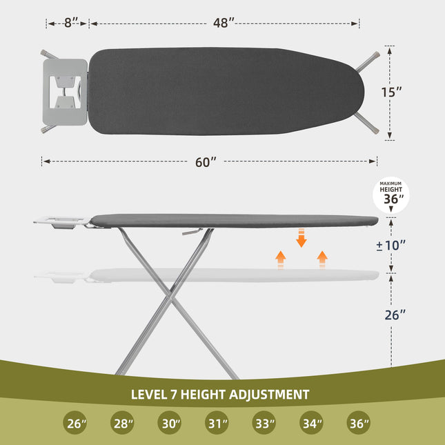 Storageideas Tabla de Planchar de 48" x 15" con Soporte para Plancha, Altura Ajustable de 26" a 36", Tabla de Planchar Plegable de Tamaño Completo que Ahorra Espacio con Funda Acolchada Extraíble, Marco y Patas de Acero Resistente, Gris