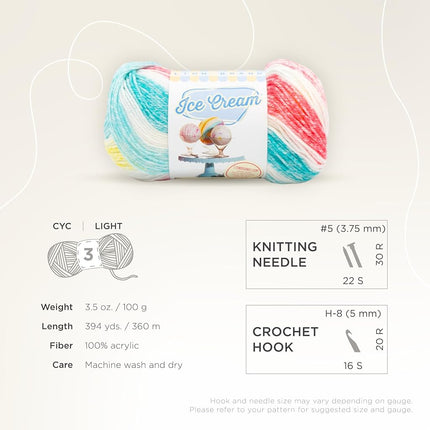 Lion Brand Yarn Ice Cream, Baby Yarn for Knitting and Crochet, Funfetti, 1 Pack