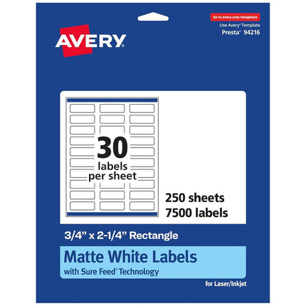 Avery Matte White Rectangle Labels with Sure Feed, 75" x 2.25", 7,500 White Labels, Print-to-The-Edge, Permanent Label Adhesive, Laser/Inkjet Printable Labels