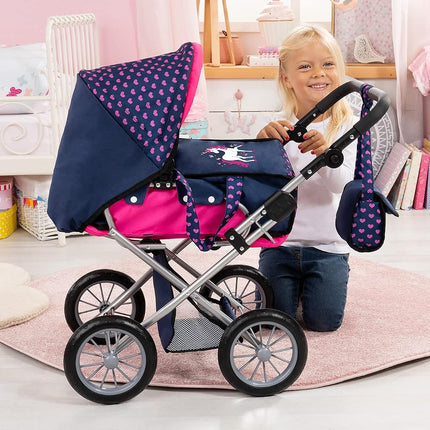 Bayer Design 13654AA City Star in modern unicorn design, combi pram, with removable carrycot and shoulder bag, with adjustable handle, for dolls up to 46cm, blue pink