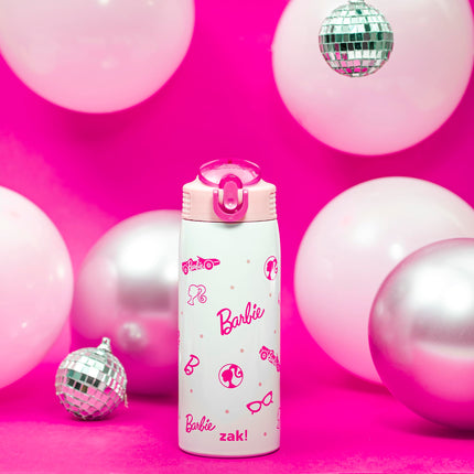 Zak Designs Barbie Botella de agua para viajes y el hogar, 560 ml, acero inoxidable con aislamiento al vacío, con tapa de boquilla de cierre, asa de transporte incorporada, diseño a prueba de fugas (Barbie)