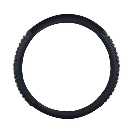 FH Group FH2022 Universal 15 Inch Beige Genuine Leather Steering Wheel Cover with Lace-Up Detailing