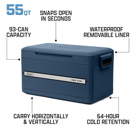 Coleman Snap 'N Go 35-Quart Collapsible Hard Cooler, Portable Hard-Sided Cooler with Waterproof Removable Liner, Spacing-Saving & Quick Set Up, 48 Hours Cold, Sapphire Blue