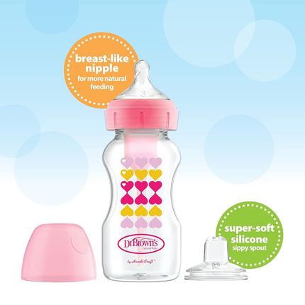 Dr. Brown�s Anti-Colic Options+ Wide-Neck Sippy Bottle Starter Kit, 9oz/270mL, with Level 3 Medium-Fast Flow Nipple and Soft 100% Silicone Sippy Spout, Pink, BPA Free, 6m+, 2 Pack