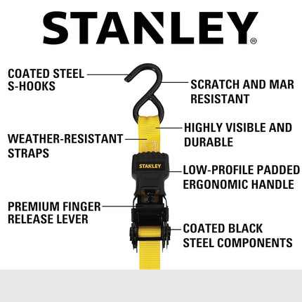 Stanley S1000 Black/Yellow 1" x 10' Ratchet Tie Down Straps - Light Cargo Hauling (1,500 lbs Break Strength), 8 Pack
