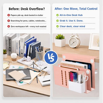 LUKETURE Desk Side Storage, 2 Tier Steel Hanging Organizer, No Drill Side Desk Organizer, Laptop Holder, with Pen Holder, Hanging Table Storage for Office Home, Fits Flat Edge Tables 0.3" to 2.8"