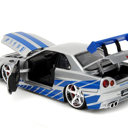 Jada Toys Fast & Furious Brian’s 2002 Nissan Skyline R34 Die-cast Car, 1:24 Scale, Silver & Blue,19808