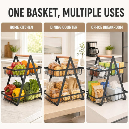 mahueeol 2 Tier Countertop Fruit Basket,Portable Fruit Bowle Basker for Kitchen Organizer Storage & Dining Room Fruits Vegetable BreadSnacks, Detachable Metal Rectangle Basket Storage