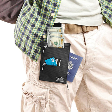 Cartera de viaje oculta Shacke con bloqueador RFID (cartera negra con correa negra)