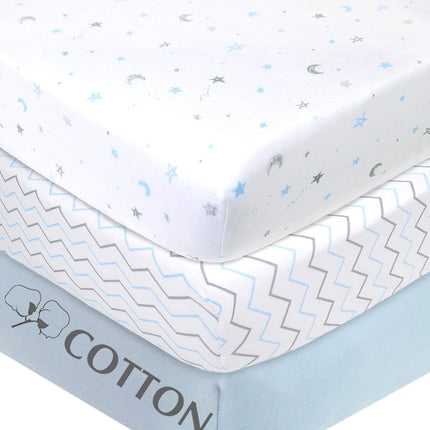 American Baby Company 3 Piece 100% Cotton Jersey Knit Fitted Crib Sheet for Standard Crib and Toddler Mattresses, Blue Star/Zigzag, for Boys and Girls