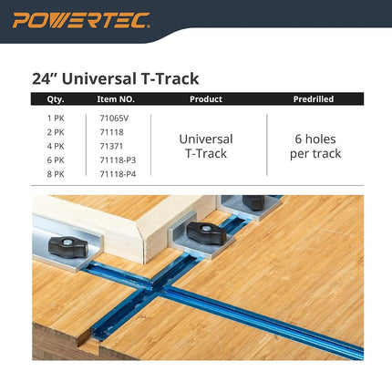 POWERTEC 71118-P3, 6 Pack, 24 Inch Double-Cut Profile Universal T-Track with Predrilled Mounting Holes, Aluminum T Track for Woodworking Jigs and Fixtures, Drill Press Table, Router Table, Workbench