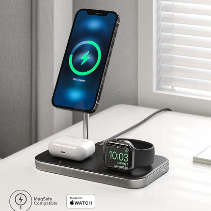 ALOGIC MagSpeed 3-in-1 Wireless Charging Station, MagSafe Compatible for iPhone 12/13 series, Wireless Charging enabled AirPods Case & All Apple Watch Models, LED indicator, Certified safe.