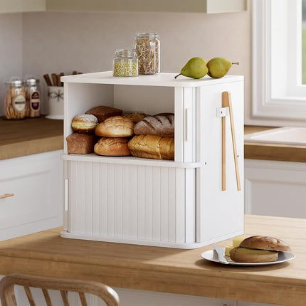 WOWLIVE 2-Tier Bread Box for Kitchen Countertop, Double Layer Roll Top Bread Boxes with Sliding Doors, Extra Large Bread Storage Cabinet for Loaves & Pastries, Bamboo Counter Organizer, White