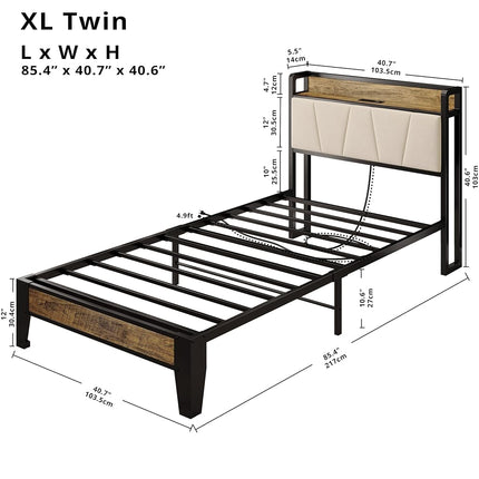 LIKIMIO Twin XL Bed Frames, Storage Headboard with Charging Station, Solid and Stable, Noise Free, No Box Spring Needed, Easy Assembly (Walnut and Beige)