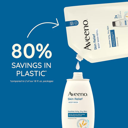 Aveeno Skin Relief Body Wash, Fragrance Free, Refill, 36 Fl. Oz, White