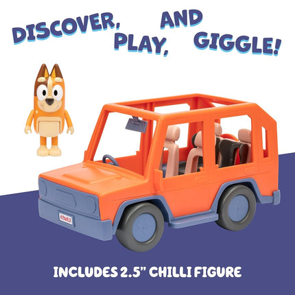 Bluey Heeler Family Road Trip 4WD Vehicle, Includes Articulated Chilli Figure, with Open Roof to Easily Fit 4 Bluey Figures Inside, Ideal for All 6.35cm (2.5") Figures (Sold Separately)