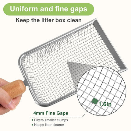Cat Litter Scoop with Holder – Metal Mesh Litter Scooper, Wooden Handle Fine Litter Scoop with Small Holes for Litter Box, Efficient Sifting and Easy Cleaning