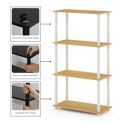 Furinno TURN-N-TUBE Standing Shelf, 4-Tier Open Shelving Unit with Round Tubes, Toolless Display Storage Shelves, for Organization and Storage, Living Room, Bedroom, Home Office, Blonde Maple