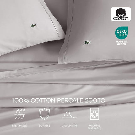 Lacoste 100% Cotton Percale Solid Sheet Set, Breathable, Cooling & Hotel Quality Sheets - Deep Pocket, Easy-Fit, Oeko-Tex Certified, Sleet, Full