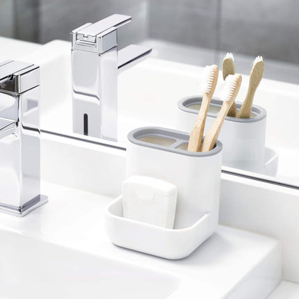 iDesign 28552 Toothbrush Holder, Compact Plastic Make-up Organiser with 3 Compartments, Sturdy Sink Caddy for Make-up Brushes and Bathroom Accessories, White and Grey, 10.4 x 10.0 x 10.2 cm