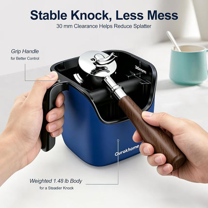 Ourokhome Espresso Knock Box with Lid, Compact Coffee Grounds Container for Home Coffee Bar, Removable Knock Bar, 304 Stainless Steel Exterior, Non-Slip Base & Handle, Easy Clean (Deep Blue)