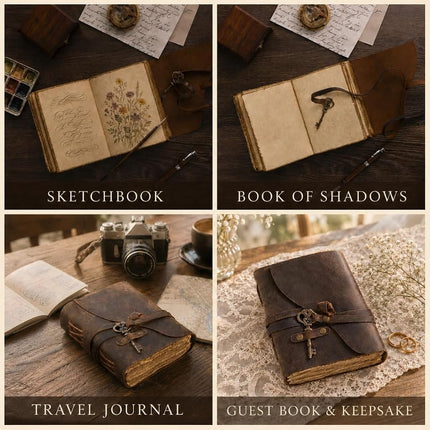 Vintage Leather Journal - Antique Handmade Deckle Edge Vintage Paper Leather Bound Journal - Book of Shadows Journal - Leather Sketchbook - Drawing Journal - Great Gift - 240 Pages (9" x 6")