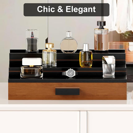 GarveeHome Wooden Cologne Organizer for Men, 3 Tier of Elevated Cologne Display Shelf with Drawer Storage Perfume Organization and Storage Display Risers for Watch, Jewelry, Great Gift for Father