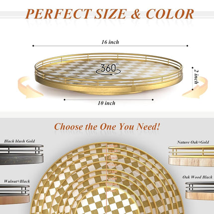 Premium Rubber Wood Lazy Susan Turntable, Glod White Checkerboard Decorative Serving Tray, Hand-Welded Metal Railing, Stable Rotating Organizer for Dining Table, Kitchen Counter, Coffee Table Decor
