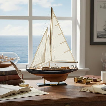 SAILINGSTORY Wooden Sailboat Decor Yacht Model Ship with Antique Finish Navy