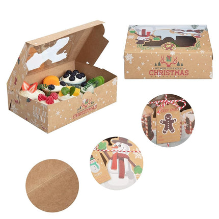 Lot de 12 boîtes à biscuits de Noël, boîtes à friandises pliables avec fenêtre, pour pâtisseries, cupcakes, bonbons et cadeaux, boîtes de boulangerie en kraft de qualité alimentaire, boîtes à biscuits Renne Père Noël, style A