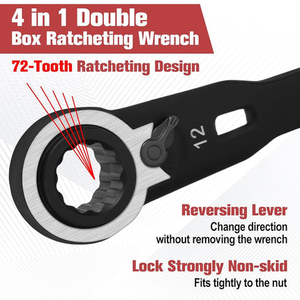 GOLD DEER 4-in-1 Reversible Ratcheting Box Wrench Set Metric 8mm 10mm 12mm 13mm Double Box End Wrench Set Ratchet Wrenchs,72-Tooth Ratcheting Gear,CR-V Steel