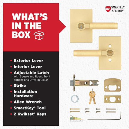 Manilla de puerta de entrada Kwikset Prava con cerradura y llave, manilla exterior reversible con llave de seguridad, para entrada principal y dormitorios, latón satinado, seguridad Smartkey Rekey resistente a robos y Microban