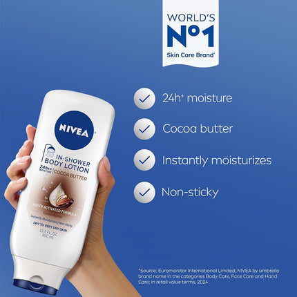 NIVEA Cocoa Butter In-Shower Body Lotion - Non-Sticky For Dry to Very Dry Skin - 13.5 oz. Bottle (Pack of 3)