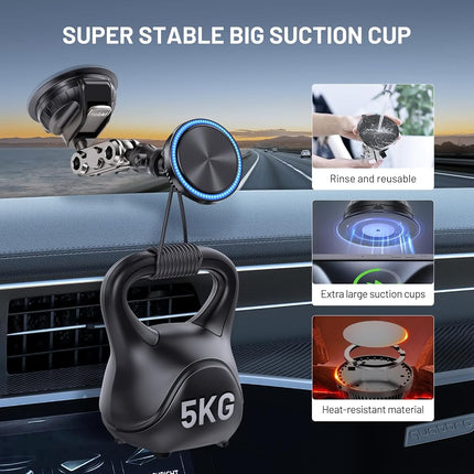This Hill for MagSafe Car Mount Charger(360° Suction Cup & Aluminum Alloy Telescopic arm),15W Fast Charging Compatible with iPhone 15/14/13/12 Series, Magnetic Car Mount for Dashboard and Windshield
