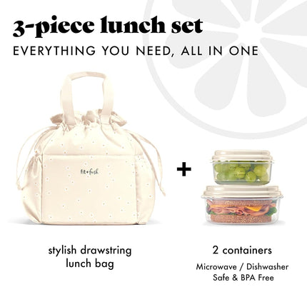 Fit & Fresh Cromwell Drawstring Lunch Bag for Women, Complete Lunch Set with 2 Containers, Stain-Resistant, Leak-Resistant, Back to School Essential, Teacher Lunchbox, Ivory Daisies