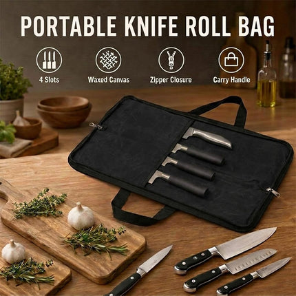 Chef's Knife Case(4 slots), Heavy Duty Waxed Canvas Knife Bag Holds 4 Knives with Handles, Portable Knife Holder for Men&Women, Perfect for Travelling, Working, Barbequing, Camping GJB440 18" x 11" Black