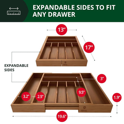ROYAL CRAFT WOOD Range Couverts Bambou de Luxe - Organisateur de Tiroir de Cuisine - Porte-Ustensiles et Plateau à Couverts avec Séparateurs Rainurés pour Couverts de Table et Ustensiles de Cuisine (9 Compartiments, Bambou Marron)