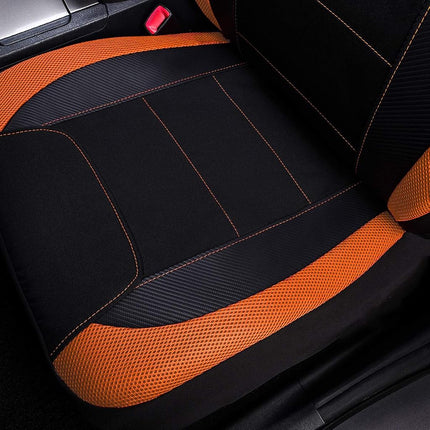 Flying Banner car seat Covers Quality Carbon Fiber Air Mesh Fabric Sport Low High Back Bucket Back Pocket Arm Rest (2 Fronts - Low Bucket, Orange)