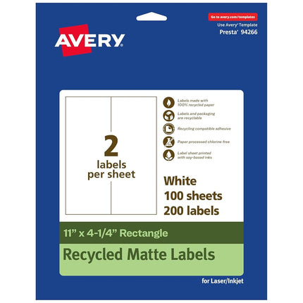 Avery EcoFriendly Matte White Recycled Rectangle Labels, 11" x 4.25", Matte White Labels, Permanent Adhesive, Laser/Inkjet Printable, 200 Total
