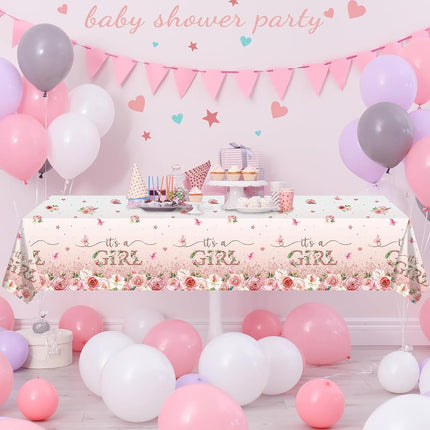 3 Pack Floral Baby Shower Tablecloth Decorations, It's a Girl Baby Shower Decorations, Pink Flower Gender Reveal Decorations for Girl, Plastic Disposable Baby Girls Table Cloth Party Decorations