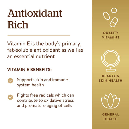 Solgar Vitamina E de Fuente Natural 671mg - Apoya el Sistema Inmunológico - Protege las Células del Estrés Oxidativo - 100 Cápsulas Blandas