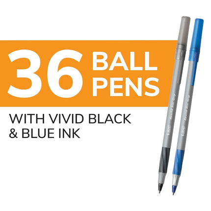 BIC Round Stic Grip Xtra Comfort Ball Pen, Medium Point (1.2 mm), Black and Blue Ink, 36-Count