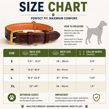 Genuine Leather Dog Collar | Brown | Full Grain, Heavy Duty, Strong, Comfortable, Padded | Best for Pups, Small, Medium, Large, XL Dog Breeds (XL (Neck Size 22.5"-25.5"), Brown)