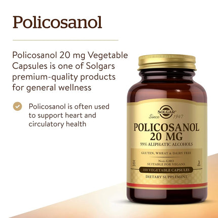 Solgar - Policosanol 20 mg Vegetable Capsules 100 Count