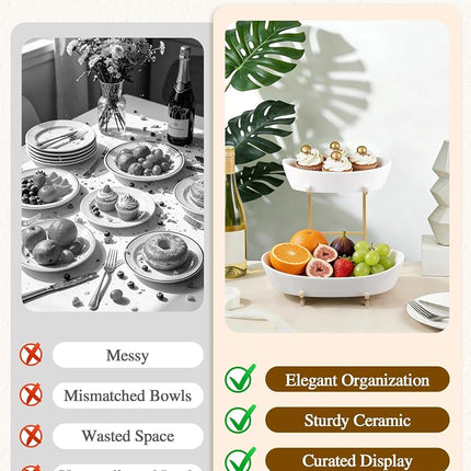 Yedio 2 Tier Ceramic Fruit Bowl for Kitchen Counter with Gold Metal Stand