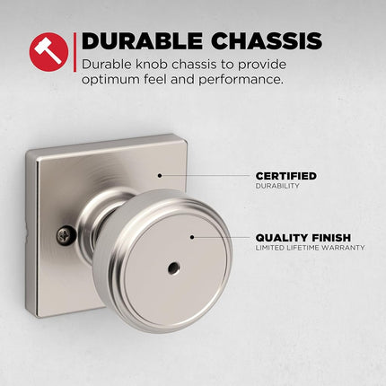 Bouton de porte intérieur d'intimité Kwikset Maven avec serrure, poignée de porte carrée pour salle de bain et chambre à coucher, poignée de porte sans clé en nickel satiné, avec protection Microban